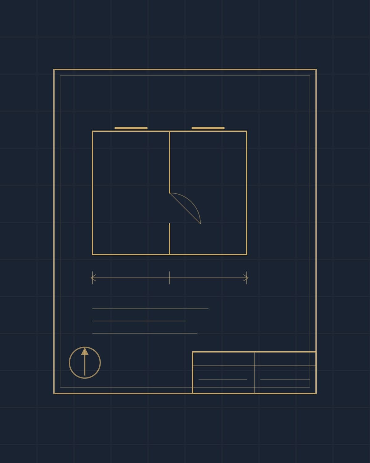 Drawn cover plate: a measured floor plan with dimension chain, north point and title block, gold line on navy