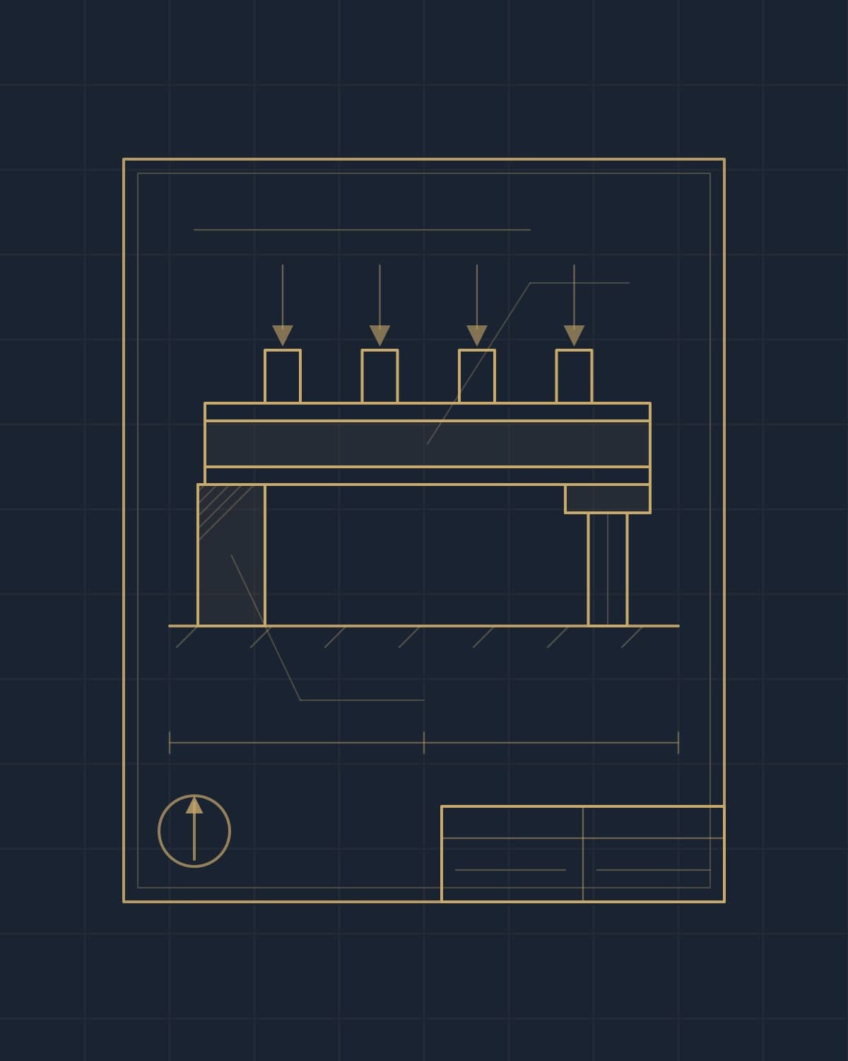Drawn cover plate: a steel beam carrying joists onto a padstone with load arrows, gold line on navy